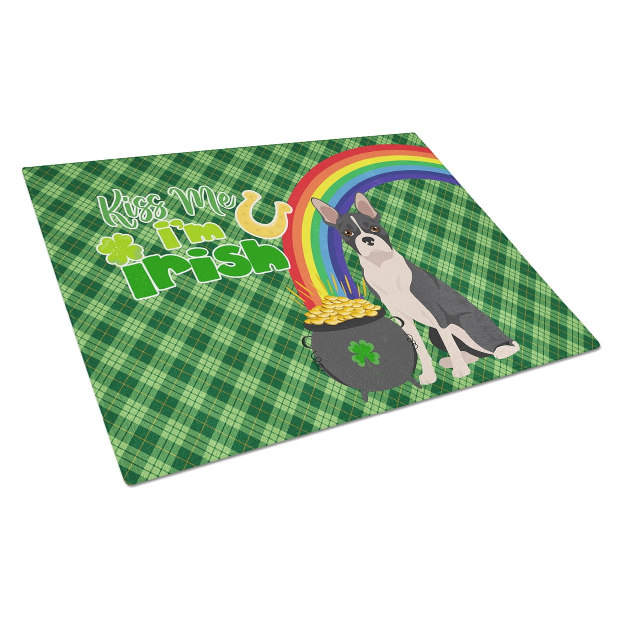 Black Boston Terrier St. Patrick's Day Glass Cutting Board Large 12 in x 15 in