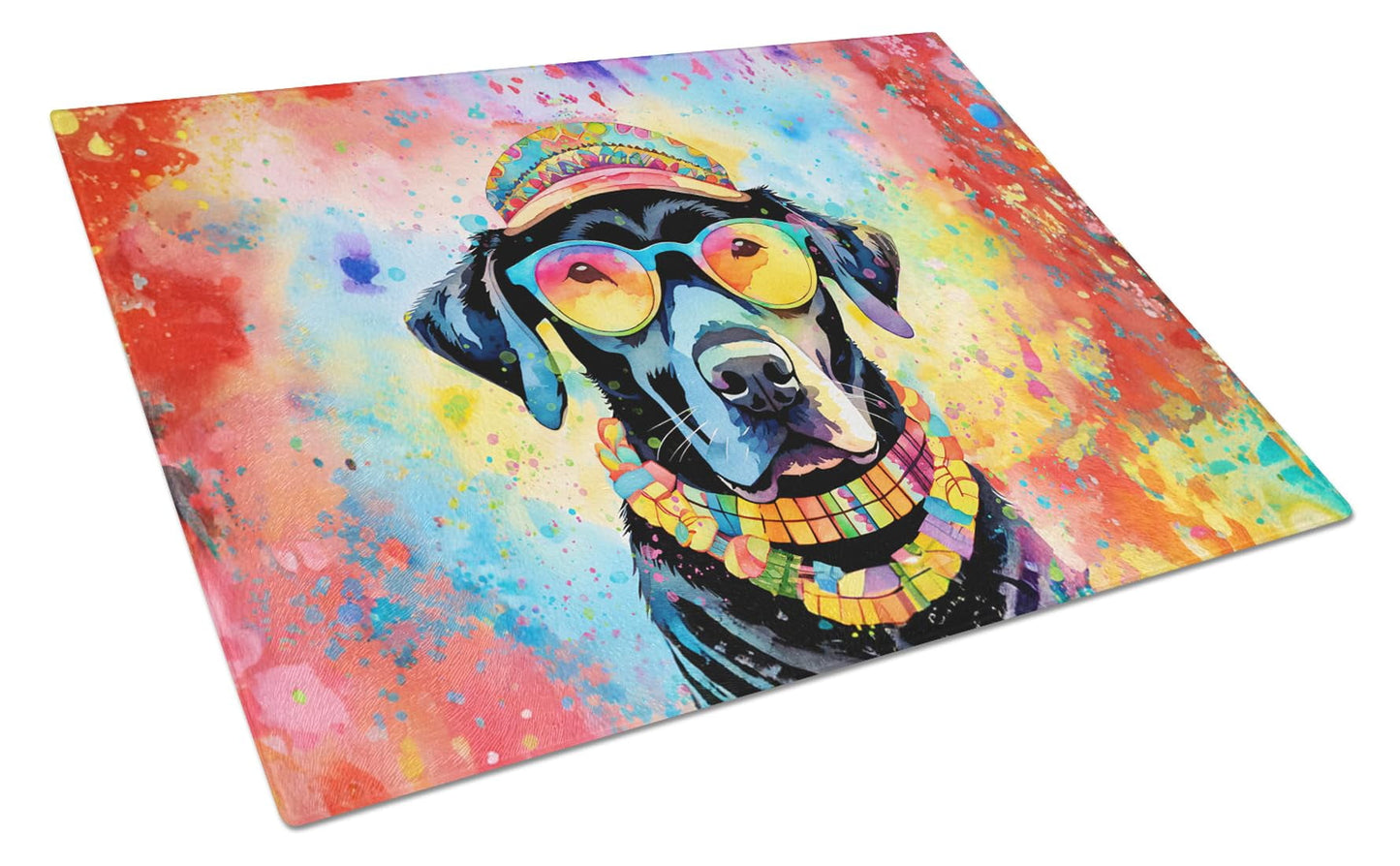 Black Labrador Hippie Dawg Glass Cutting Board Large 12 in x 15 in