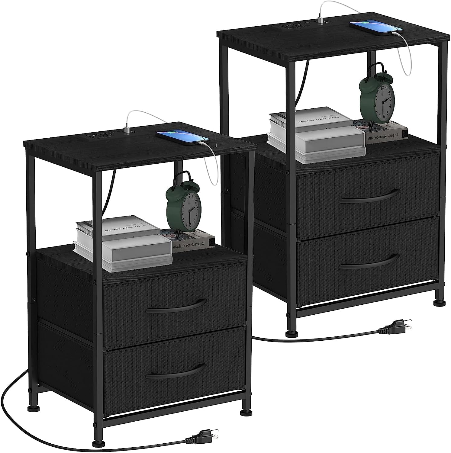 Oumilen Adult Modern Black Nightstand with 2 Fabric Drawers End Table with Charging Station Set of 2