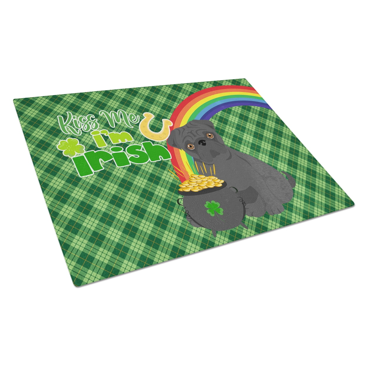 Black Pug St. Patrick's Day Glass Cutting Board Large 12 in x 15 in