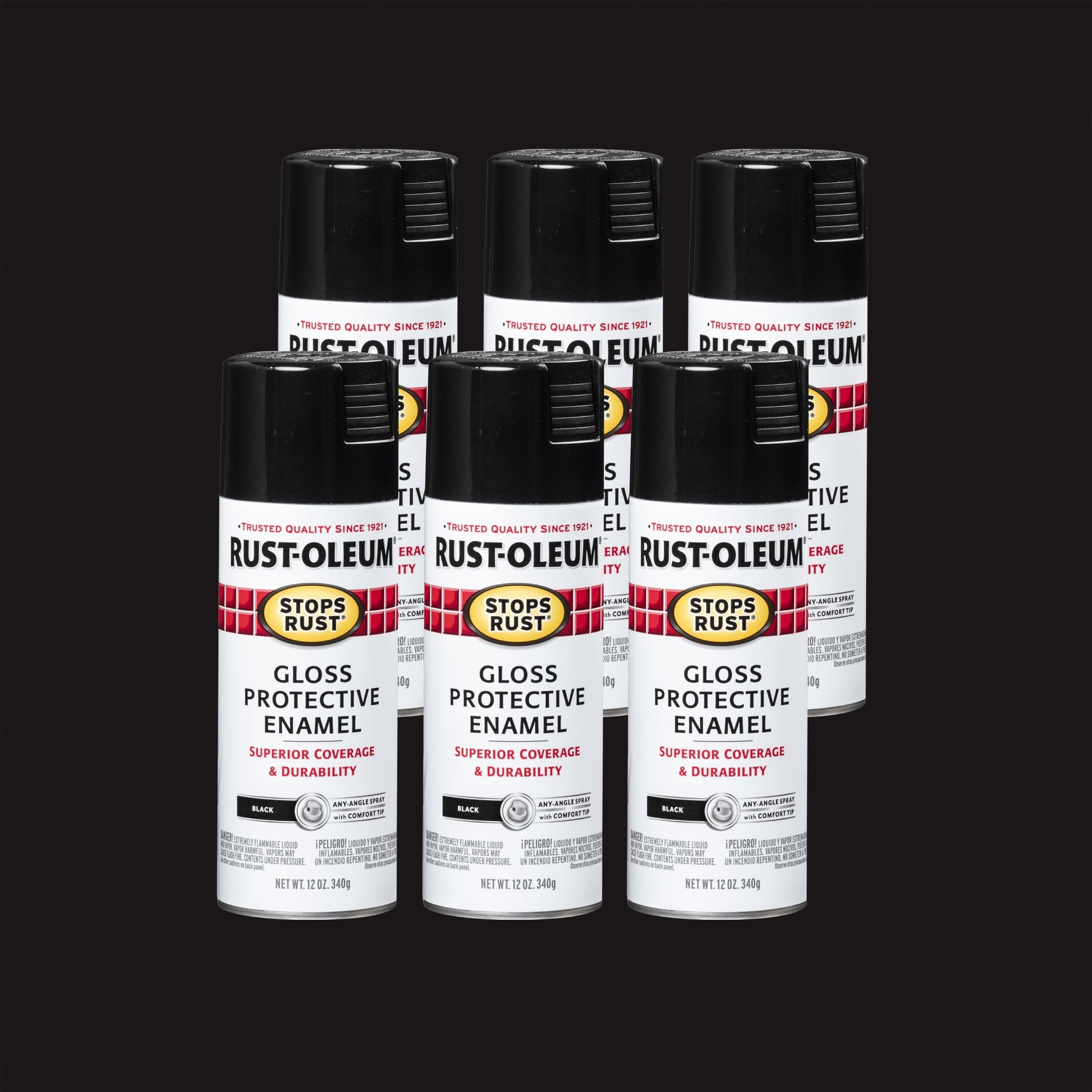 Black, Rust-Oleum Stops Rust Gloss Protective Enamel Spray Paint, 12 oz, 6 Pack