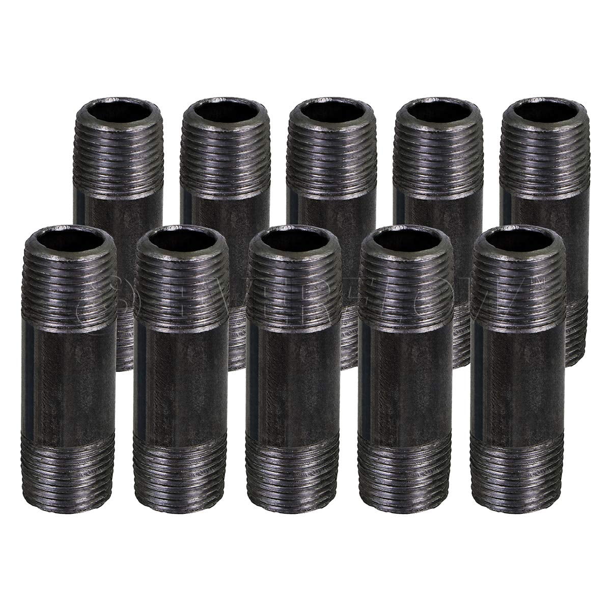 Black Steel Nipple Pipe, Threaded Pre Cut Pipe Connectors, 3 in x 5 in (Pack Of 10)