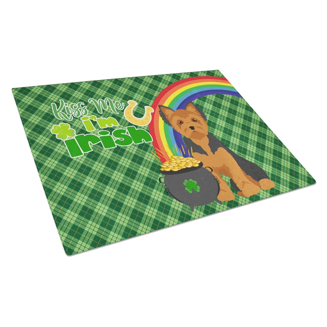 Black and Tan Puppy Cut Yorkshire Terrier St. Patrick's Day Glass Cutting Board Large 12 in x 15 in