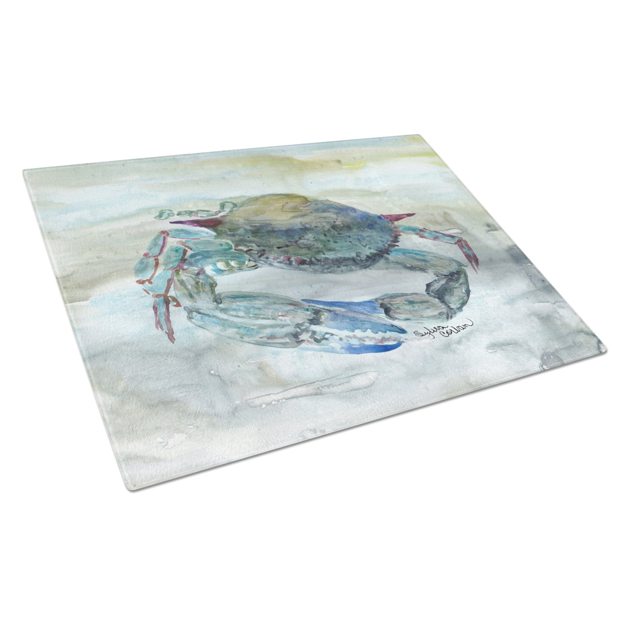 Blue Crab Watercolor Glass Cutting Board Large