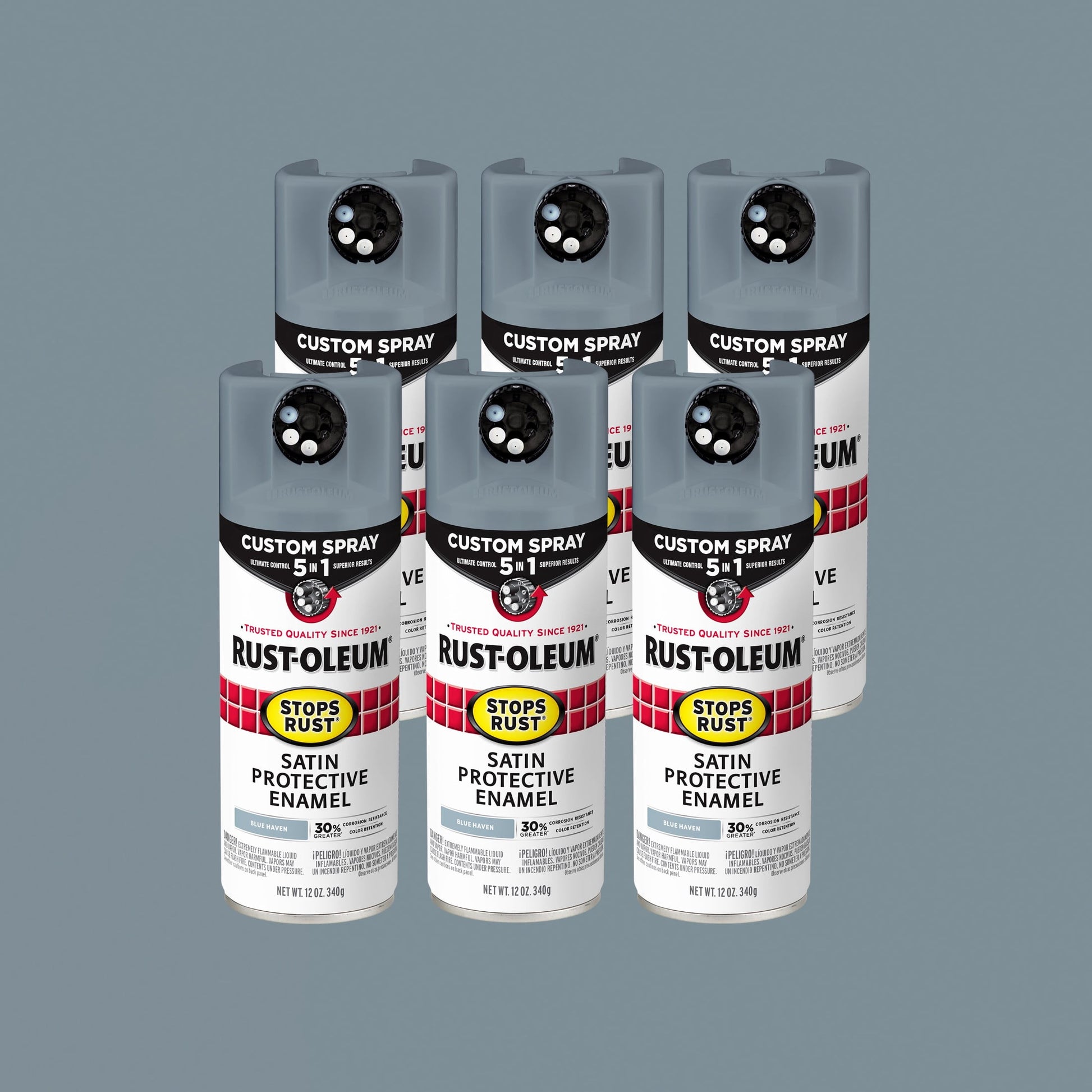 6 Pack, Blue Haven, Rust-Oleum Stops Rust Custom Spray 5 in 1 Satin Spray Paint-383423, 12 oz