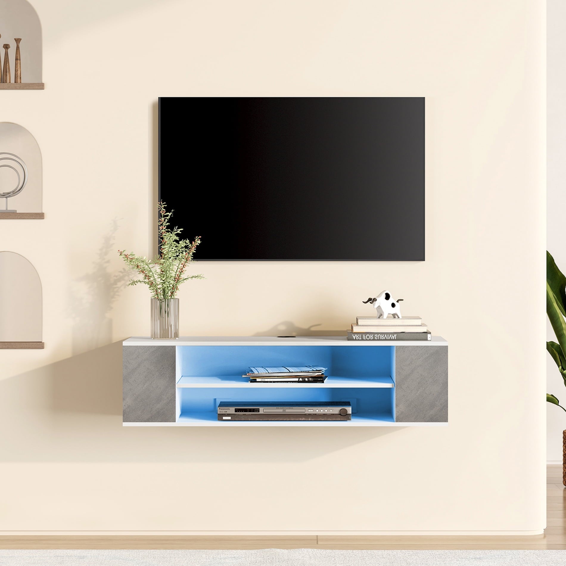 Blue Light Floating TV Stand Wall Mounted, Modern Floating Media Storage Shelves TV for Wall, 39.3 inch, White&Grey