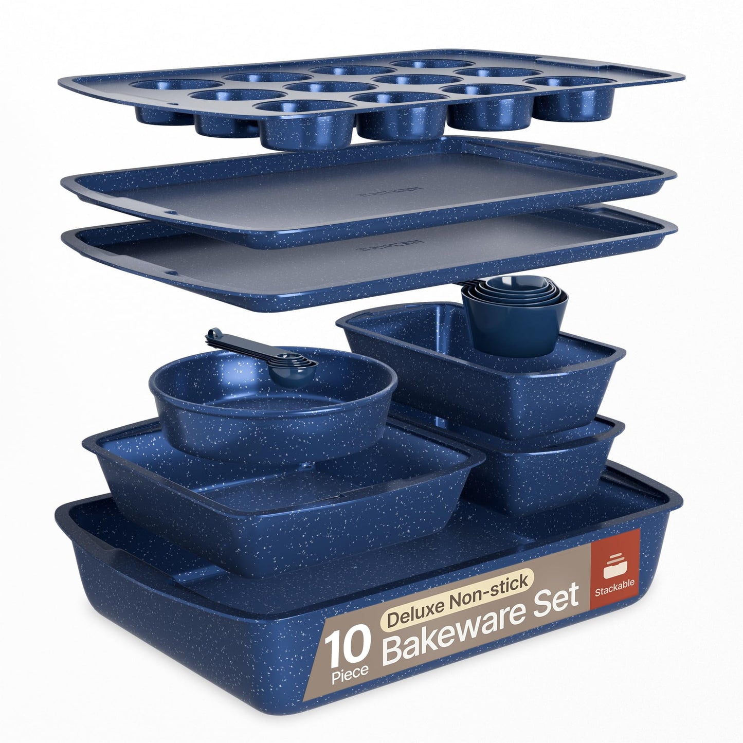 Bakken- Swiss 10-Piece Bakeware Sets, Nonstick Carbon Steel Baking Sheet & Pans, Stackable Space-Saving Bakeware, Stain-resistant, Oven Safe (up to 450Â°F), Blue Marble