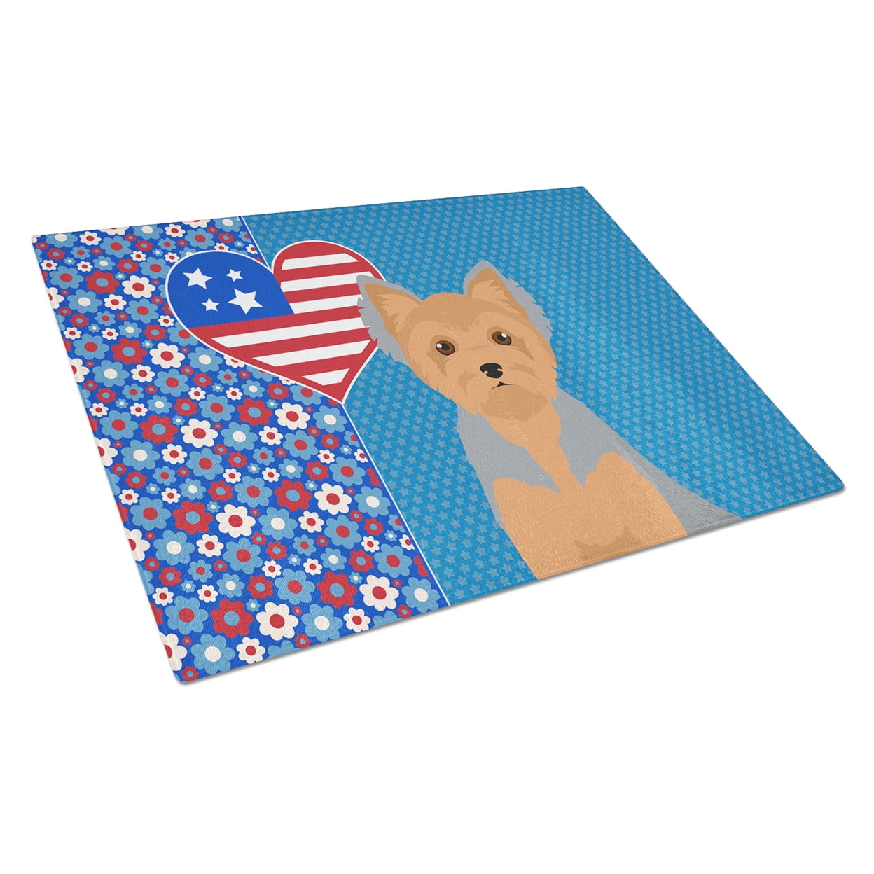 Blue and Tan Puppy Cut Yorkshire Terrier Glass Cutting Board Large 12 in x 15 in
