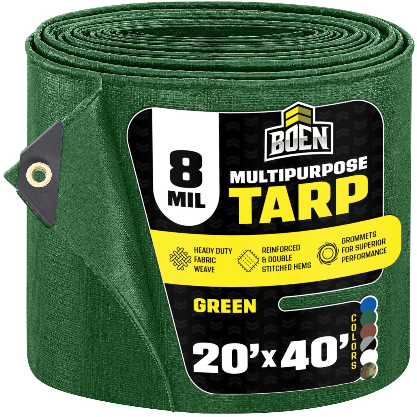 BOEN 20 x 40 ft 8 Mil Green Tarp, Medium Duty Waterproof Tarp