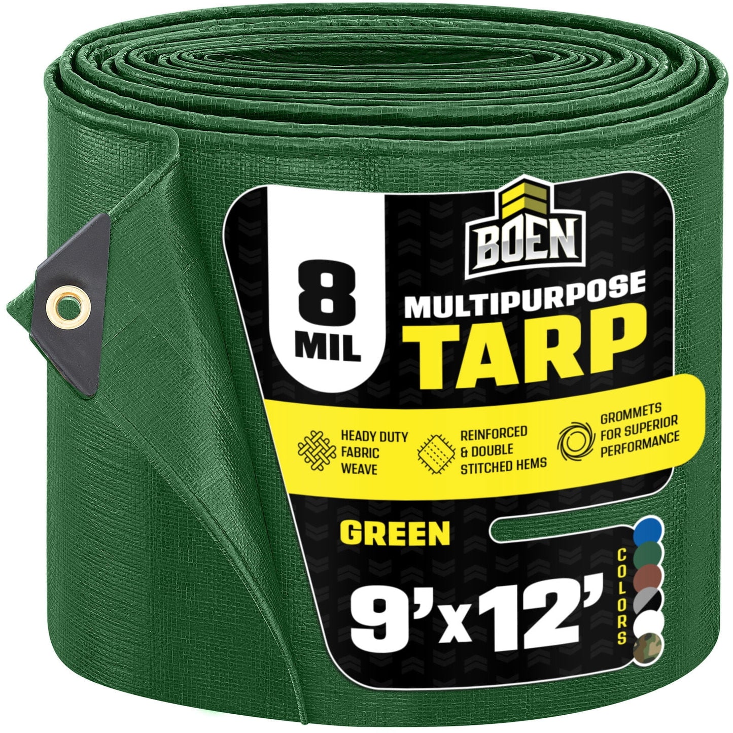 BOEN 9 x 12 ft 8 Mil Green Tarp, Medium Duty Waterproof Tarp