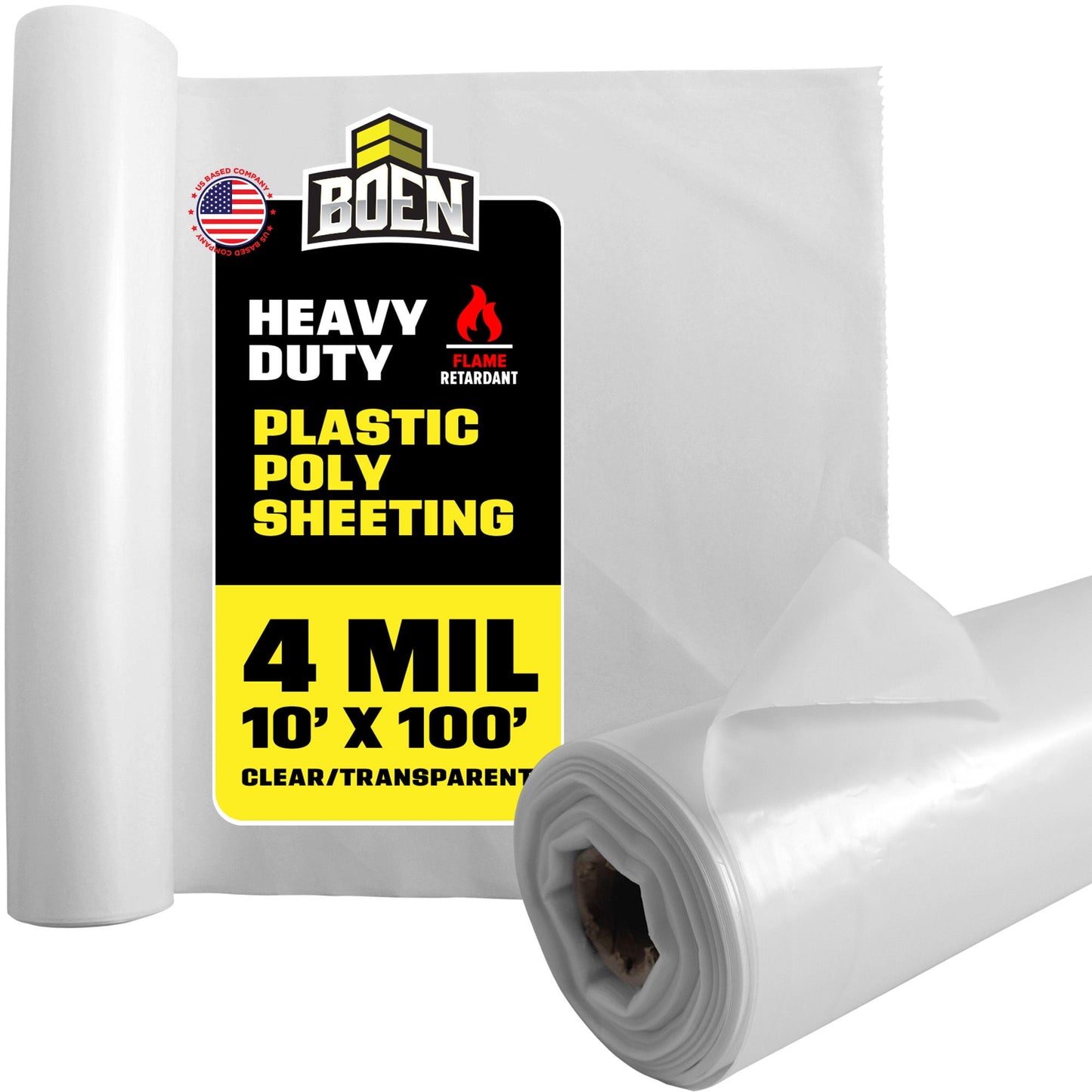 Boen FR Clear Poly Sheeting 10' x 100' 4 Mil Fire-Retardant Plastic, Vapor Barrier for Crawl Space & Slab, Commercial Dust / Negative-Air Containment