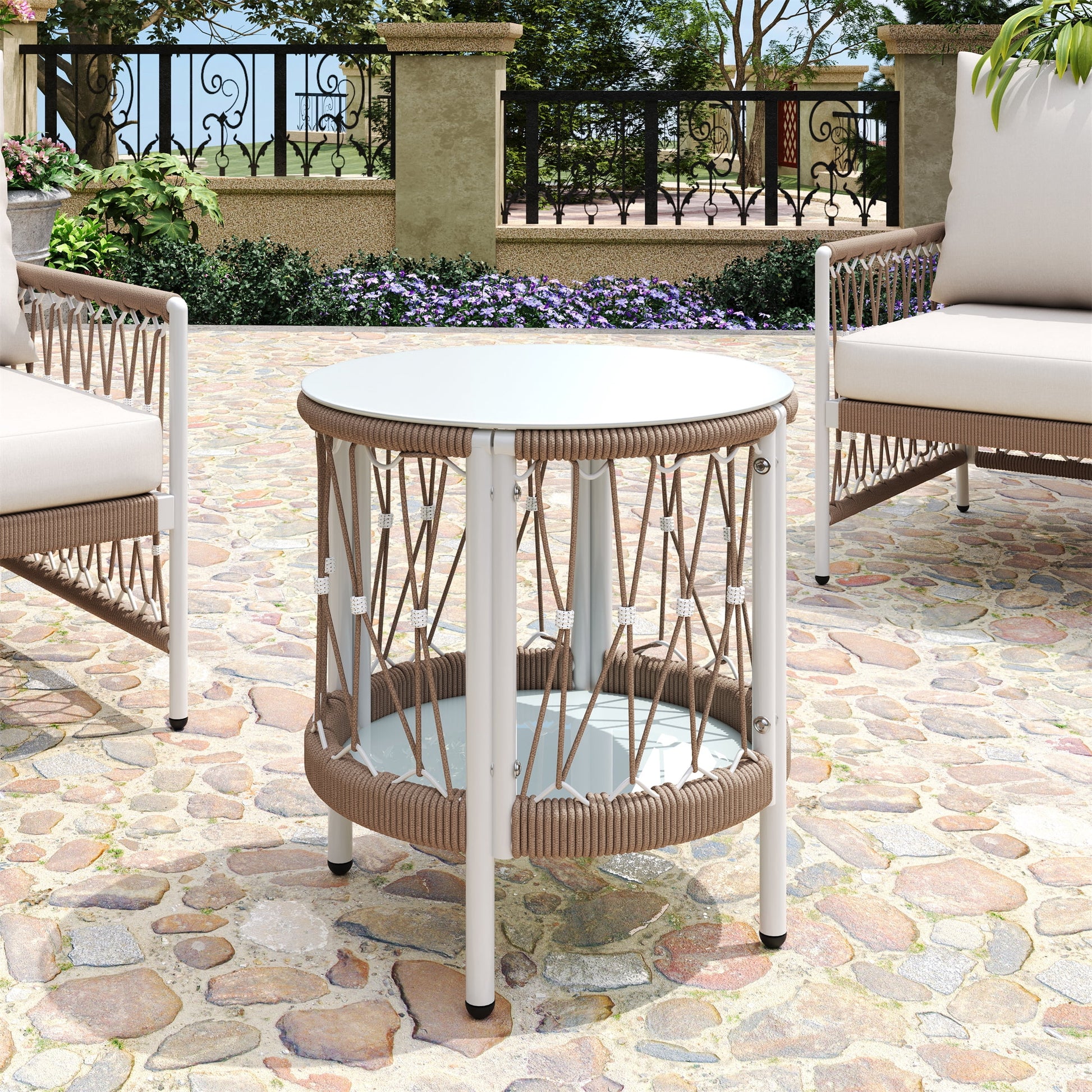Bohemian Accent Side Table, 17.32 Inch Outdoor Table with Handwoven Rope and Steel Frame, Brown