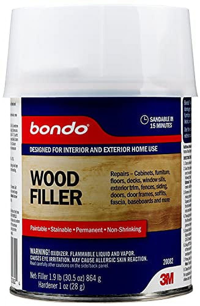 3M Bondo Wood Filler â€“ 30 fl oz, High-Performance Two-Part Formula for Interior and Exterior Wood Repairs, Fast-Curing, Paintable, Stainable