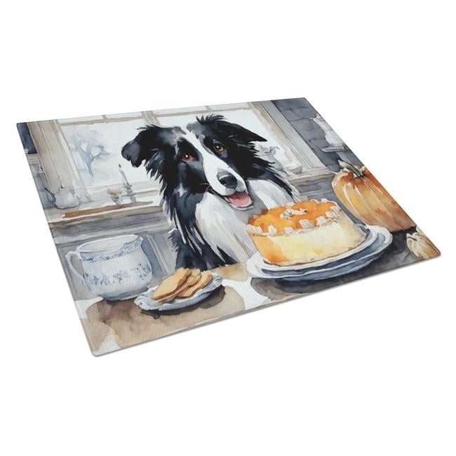 Border Collie Fall Kitchen Pumpkins Glass Cutting Board Large 12 in x 15 in