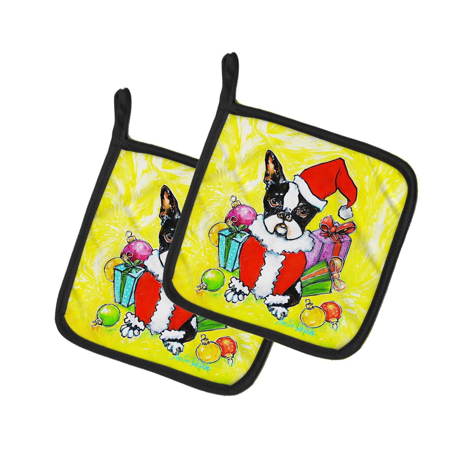 Boston Terrier Stinker That Stole Christmas Pair of Pot Holders 7.5 in x 7.5 in