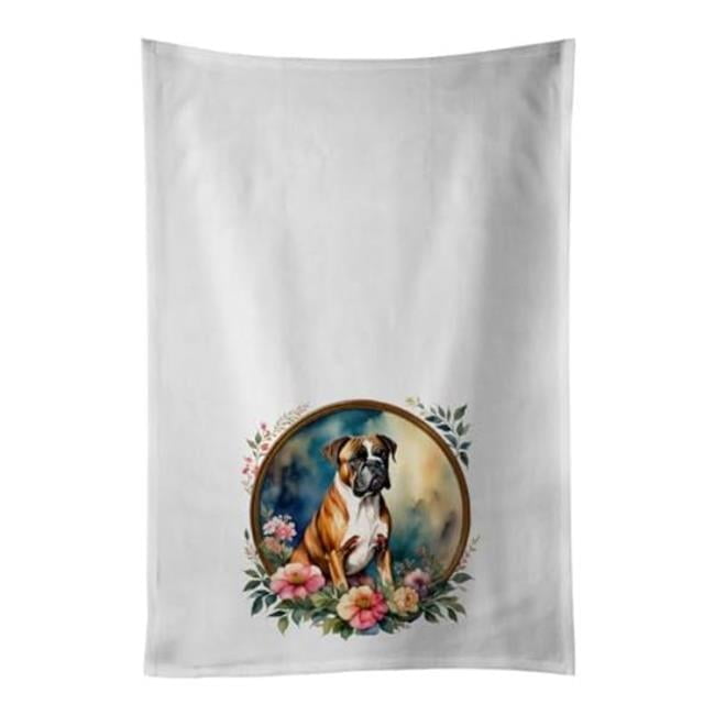 Boxer and Flowers Kitchen Towel Set of 2 White Dish Towels 19 in x 28 in