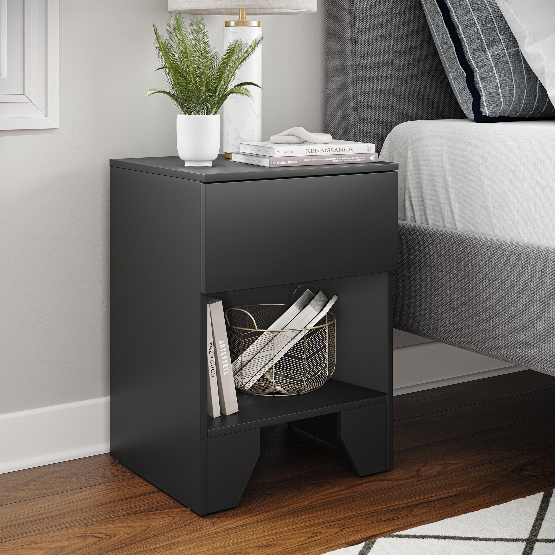 Boyd Sleep Anzio Black Nightstand with Smooth Glide Drawer - Bedroom Side Table With Storage