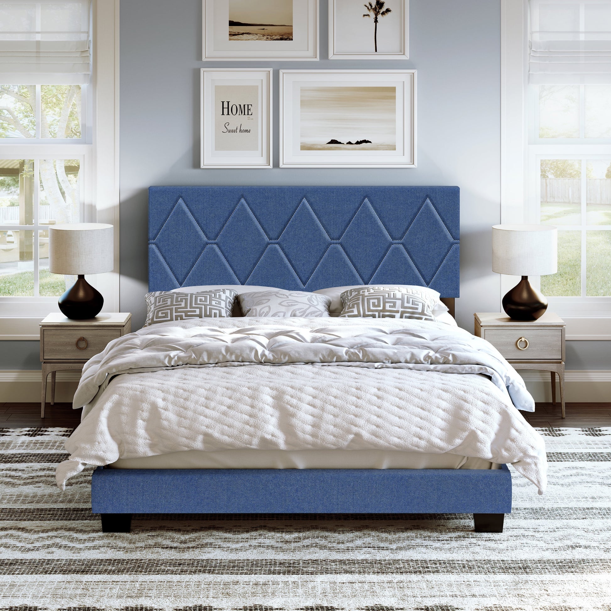 Boyd Sleep Diamond Blue Linen Full Size Fully Upholstered Platform Bed Frame with Adjustable Headboard, Qualified Box Spring or Foundation Required for Use