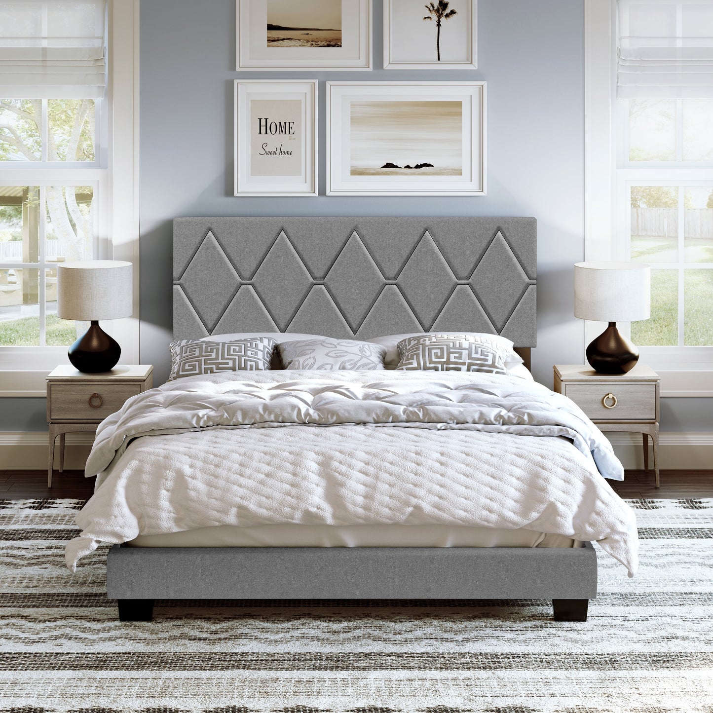 Boyd Sleep Diamond Gray Linen Full Size Fully Upholstered Platform Bed Frame with Adjustable Headboard, Qualified Box Spring or Foundation Required for Use