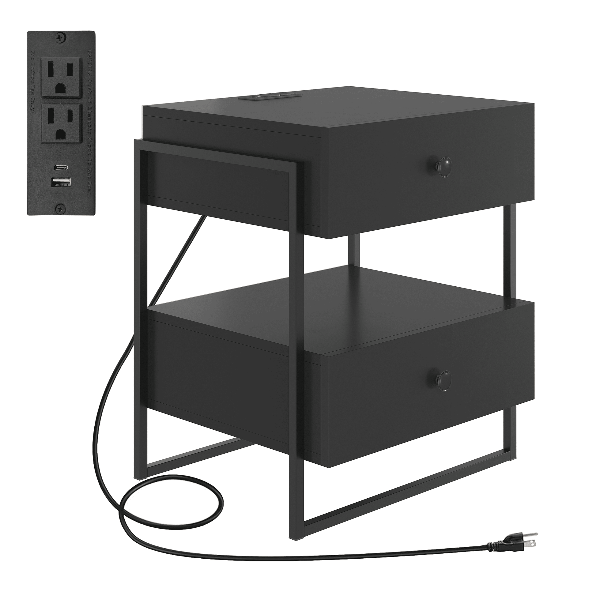 Boyd Sleep Pesaro Modern Two Drawer Nightstand with USB Charging Ports, Metal Frame, Black Storage Table for Bedroom