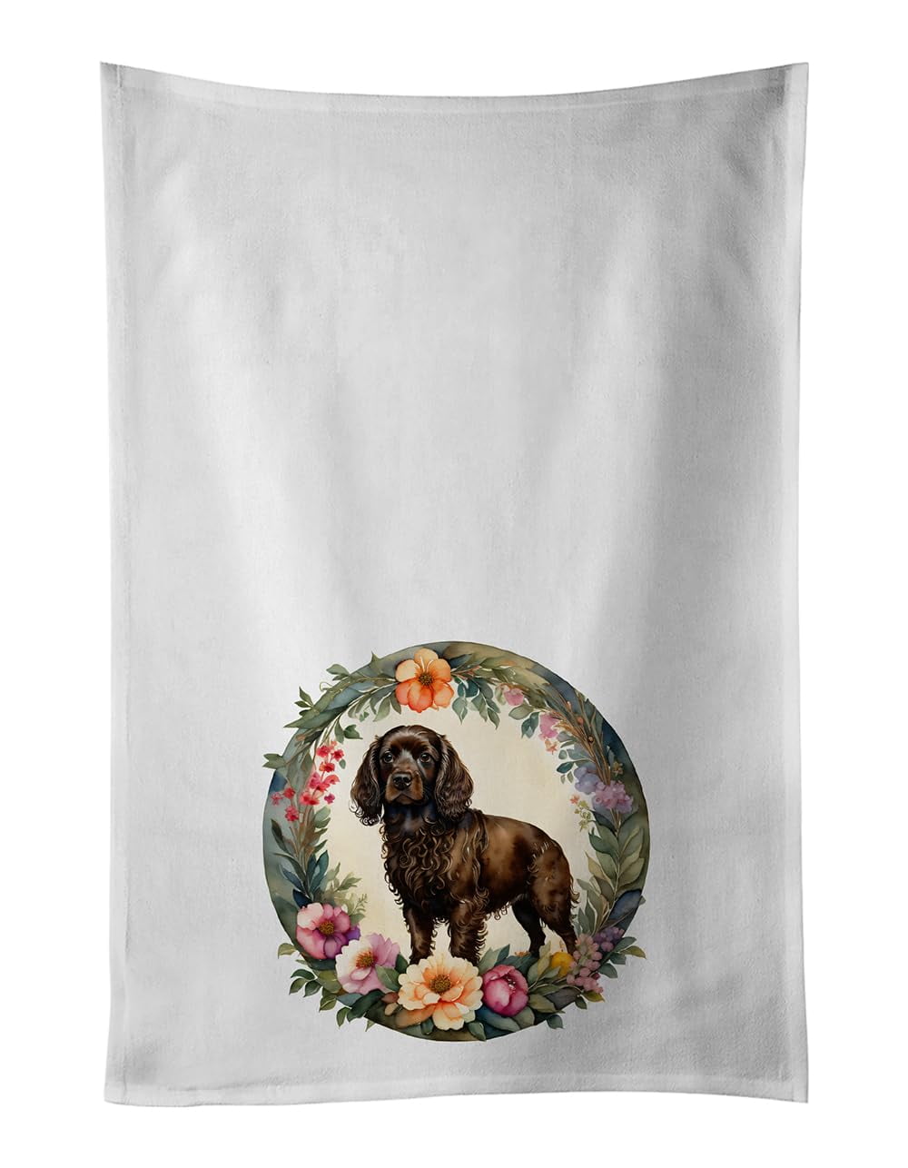Boykin Spaniel and Flowers Kitchen Towel Set of 2 White Dish Towels 19 in x 28 in