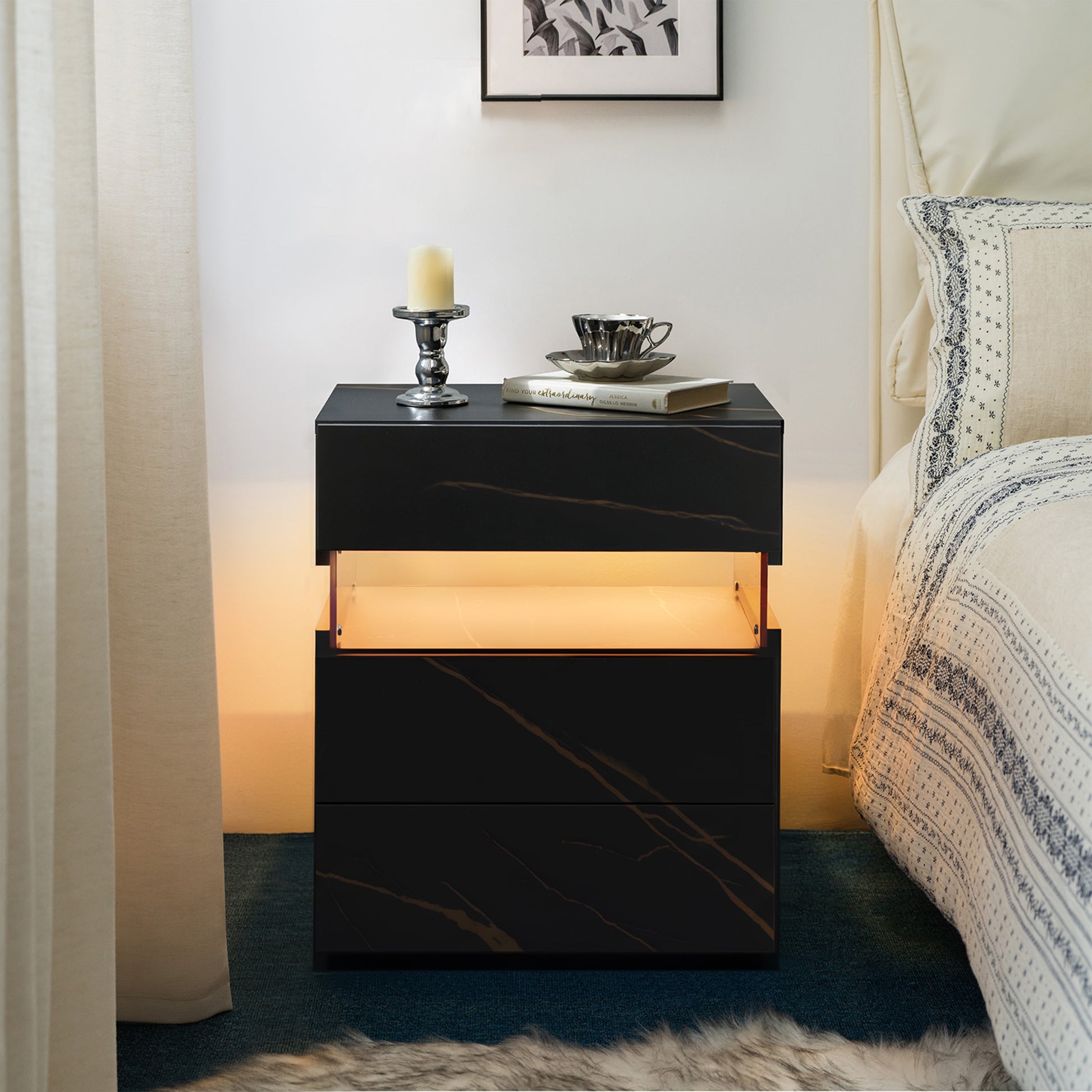 BaPiPro LED Nightstand with 3 Drawers and Acrylic Panel, Black