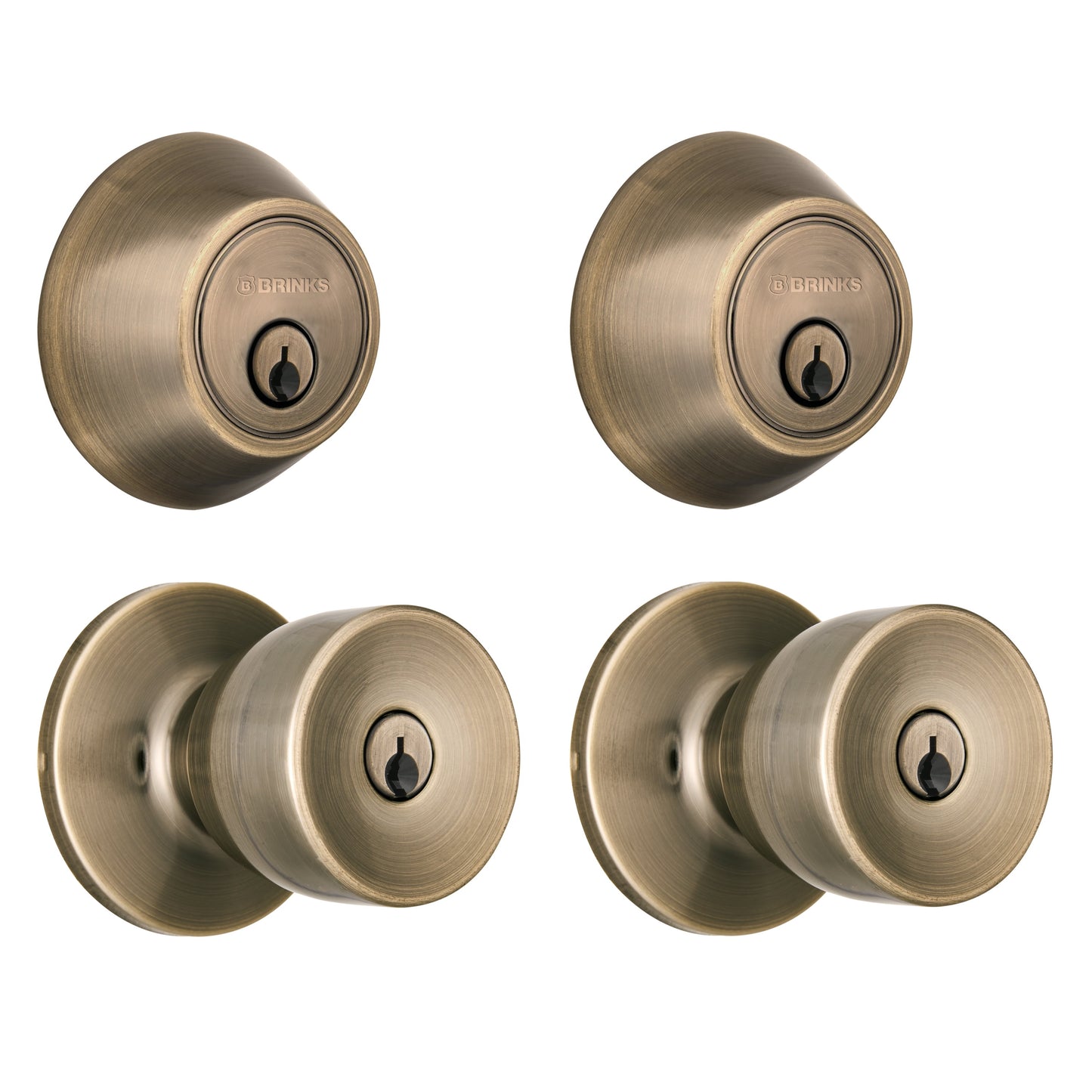Brinks Keyed Entry Classic Bell Style Doorknob and Deadbolt Combo Twin pack, Antique Brass Finish