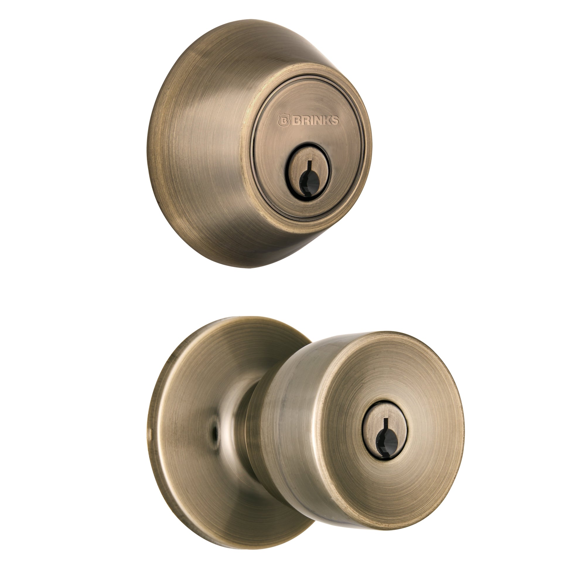 Brinks Keyed Entry Classic Bell Style Doorknob and Deadbolt Combo pack, Antique Brass Finish