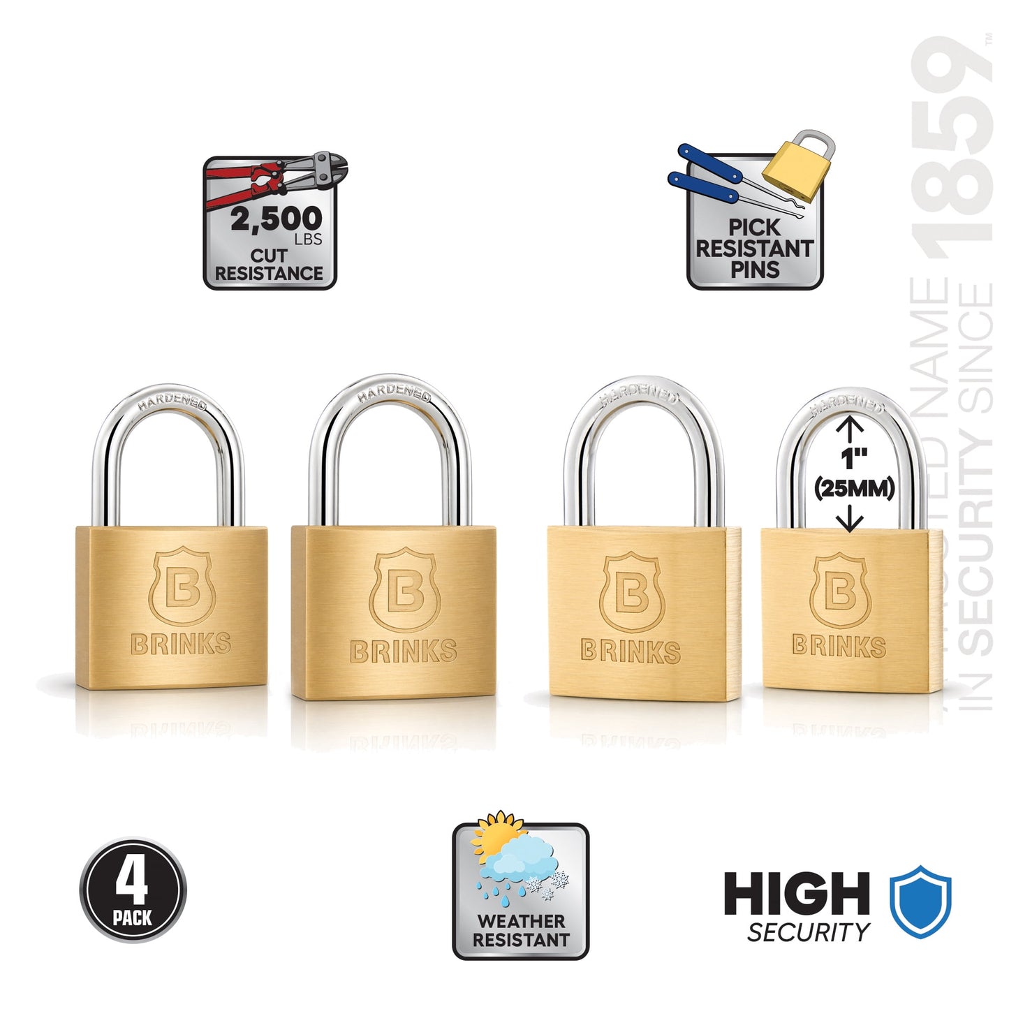 Brinks Solid Brass 40mm Keyed Padlock with 7/8in Shackle, 4 pack