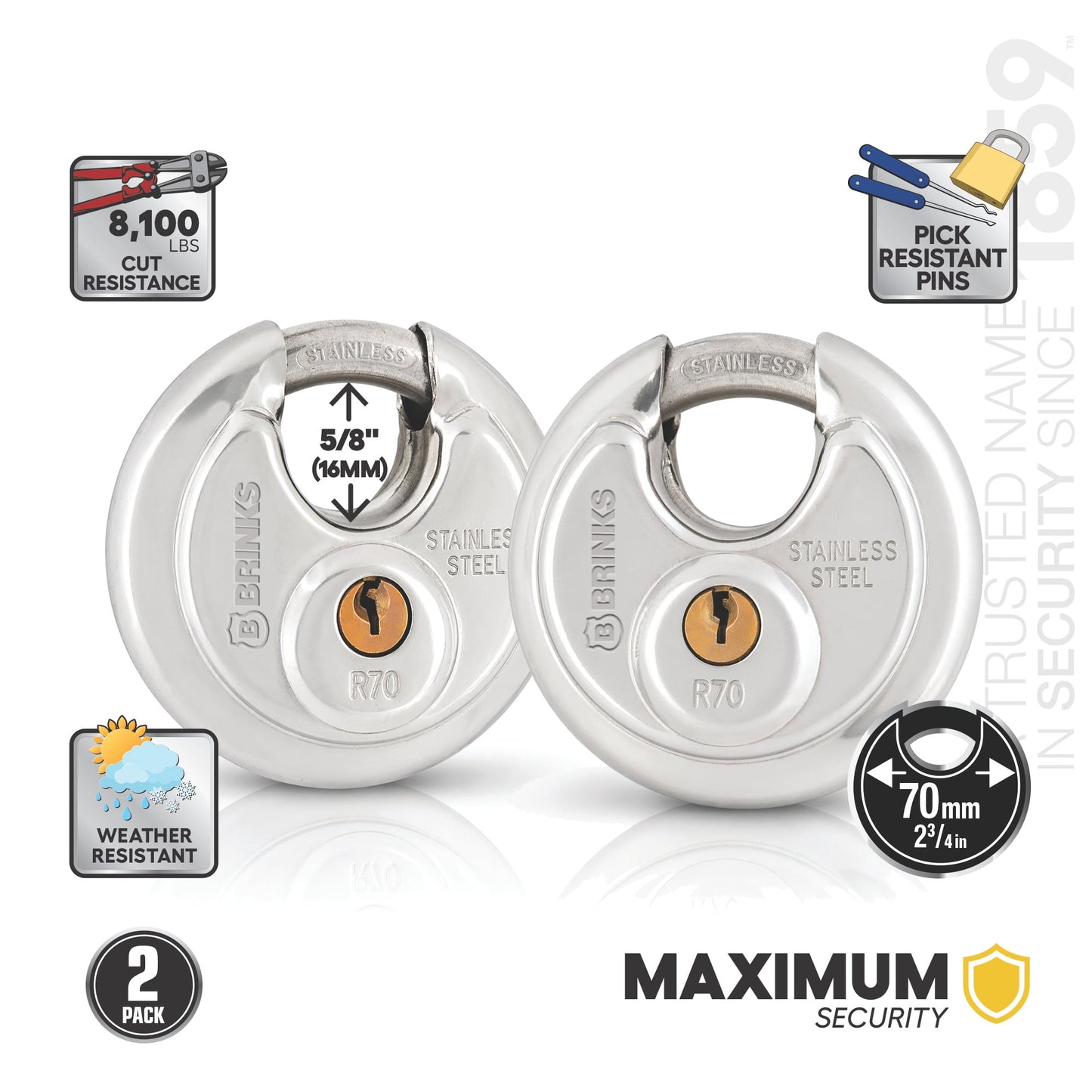 Brinks Stainless Steel 70mm Keyed Discus Padlock with 5/8in Shackle, 2 pack
