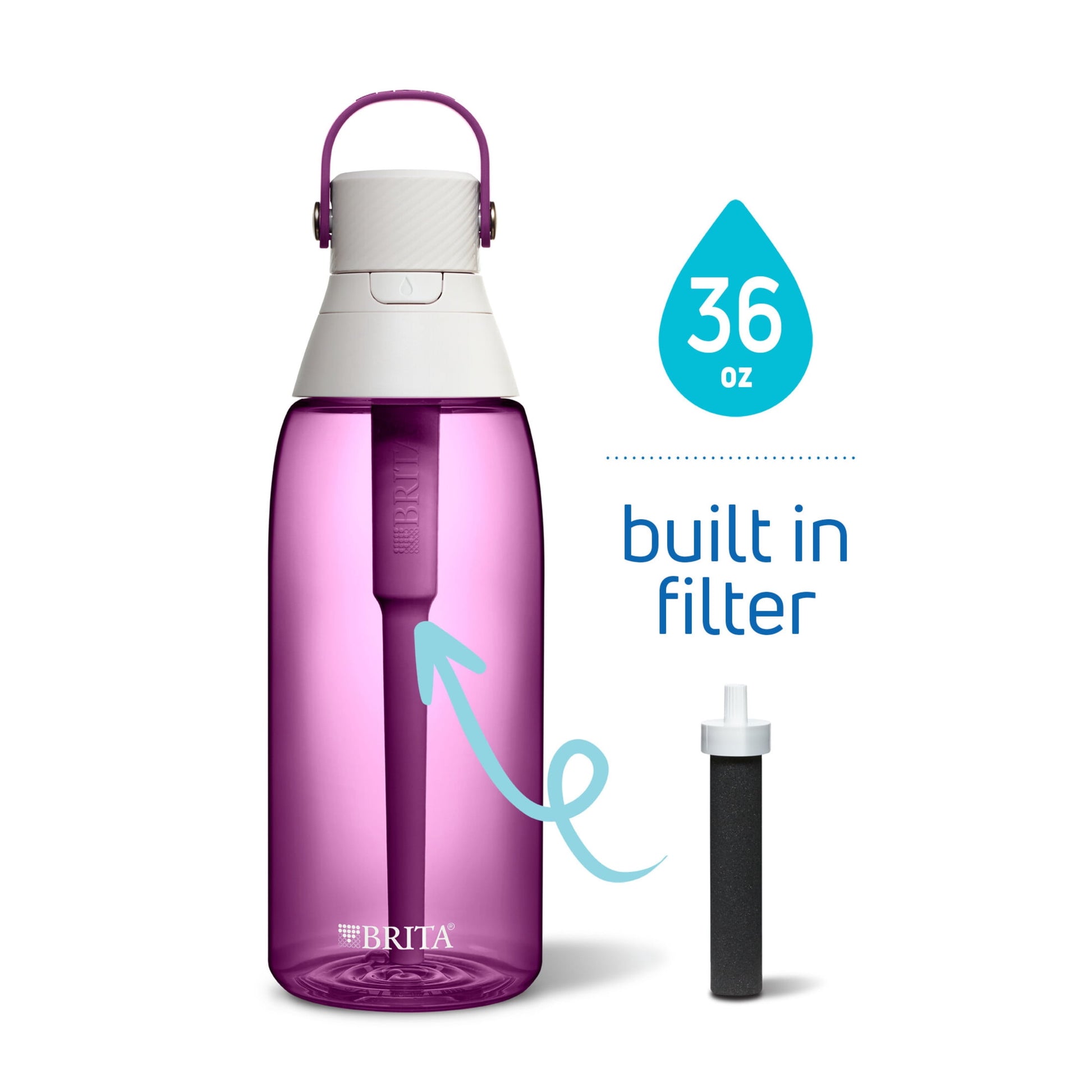 Brita 36 oz Orchid Plastic Filtered Water Bottle, Reduces Chlorine, Leak Proof with Straw