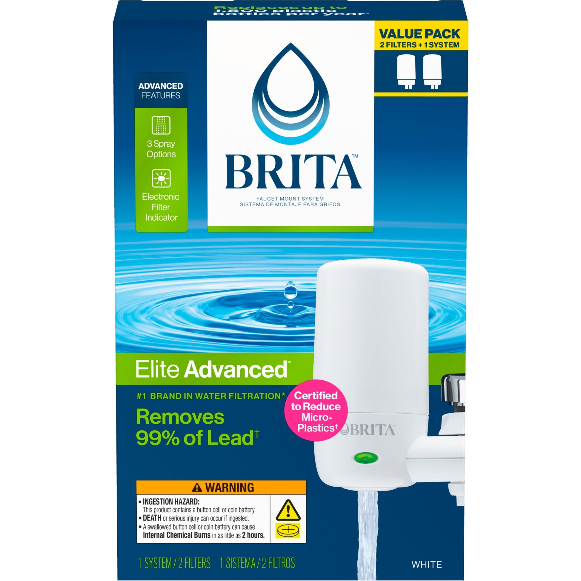 Brita Elite Advanced White, Faucet Water Filter System, 2 Replacement Filters, Reduces Lead