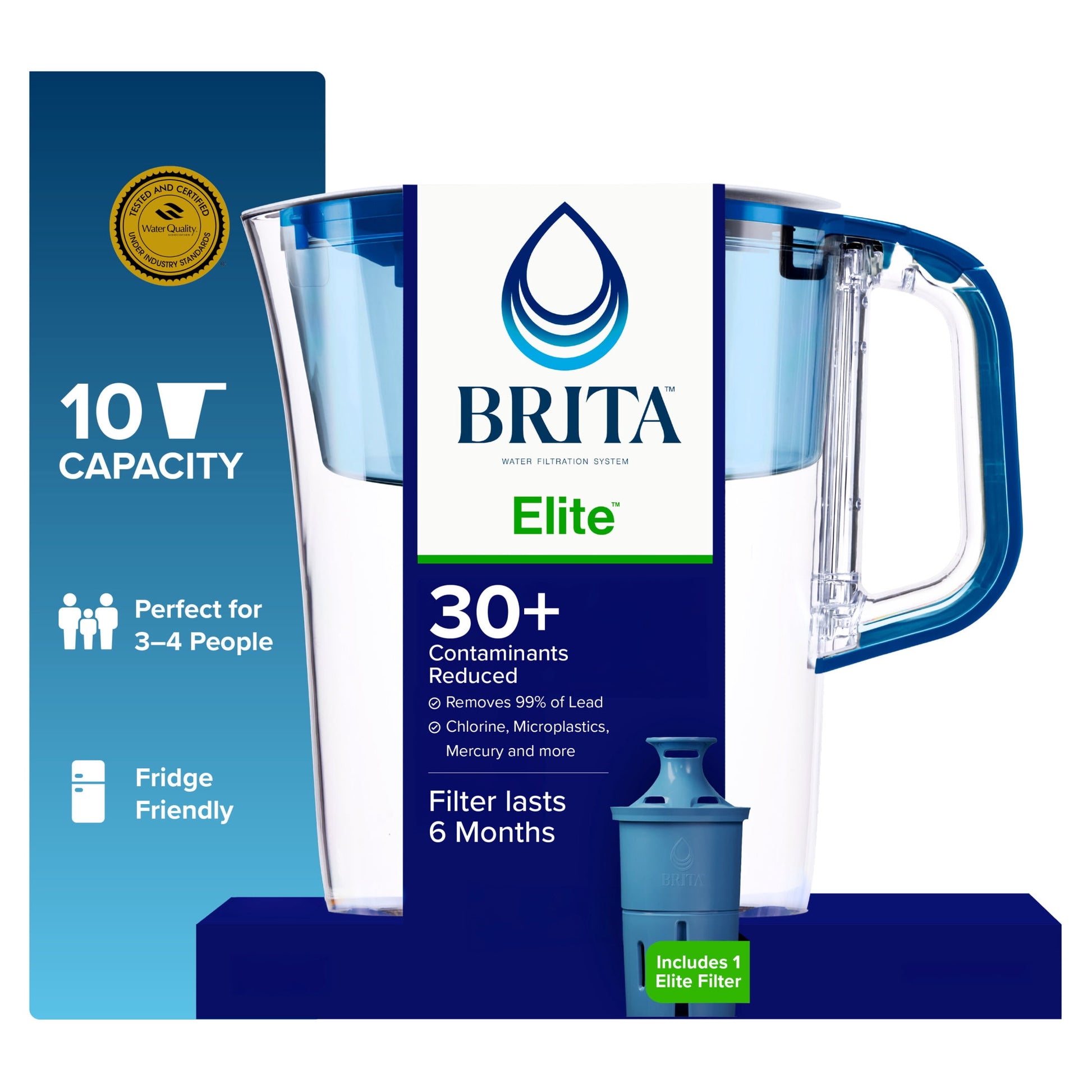 Brita 10 Cup Large Plastic Water Filter Pitcher, White, BPA Free with 1 Elite Brita Filter