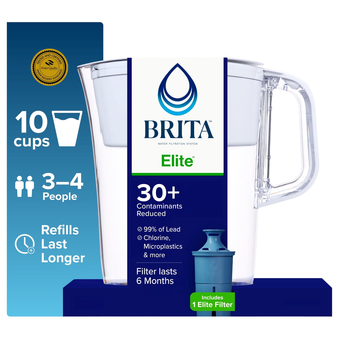 Brita Elite 10-Cup, White Plastic Water Filtration Pitcher, Reduces Lead