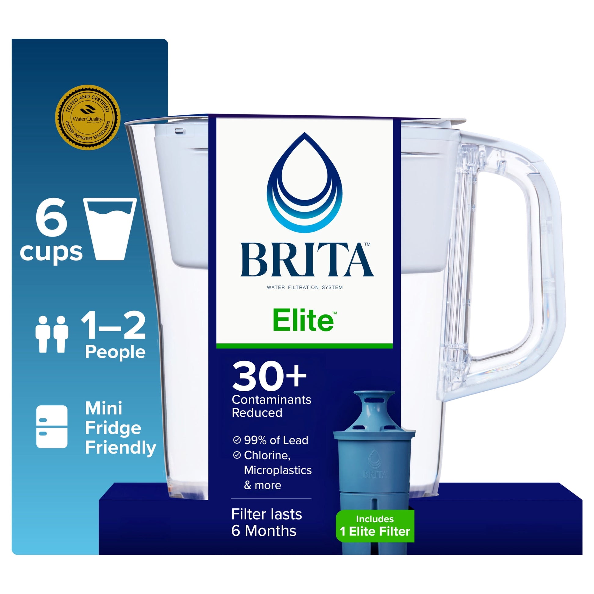 Brita Elite 6-Cup, White Plastic Water Filtration Pitcher, Reduces Lead