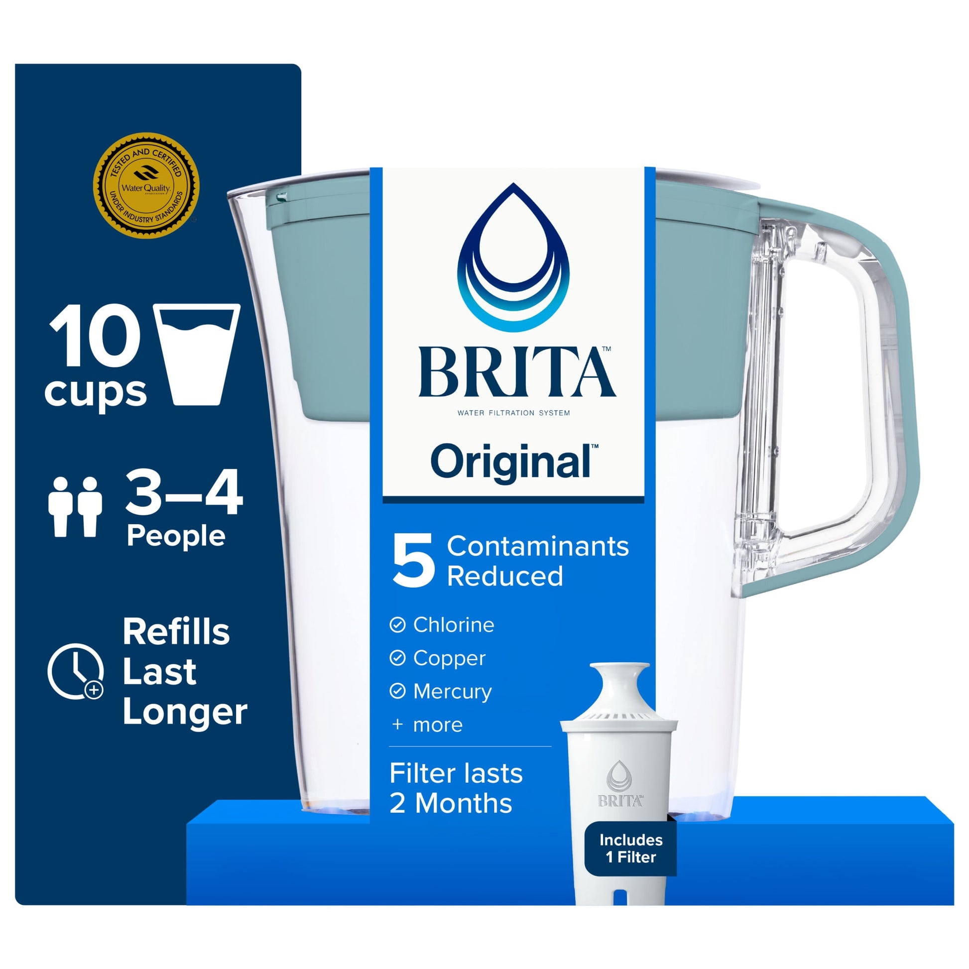 Brita 10 Cup Large Plastic Water Filter Pitcher, Stone Blue, BPA Free with 1 Standard Brita Filter