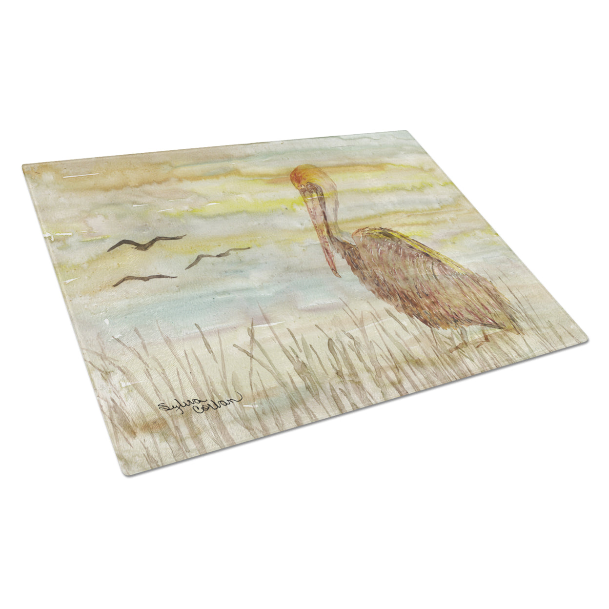 Brown Pelican Yellow Sky Glass Cutting Board Large