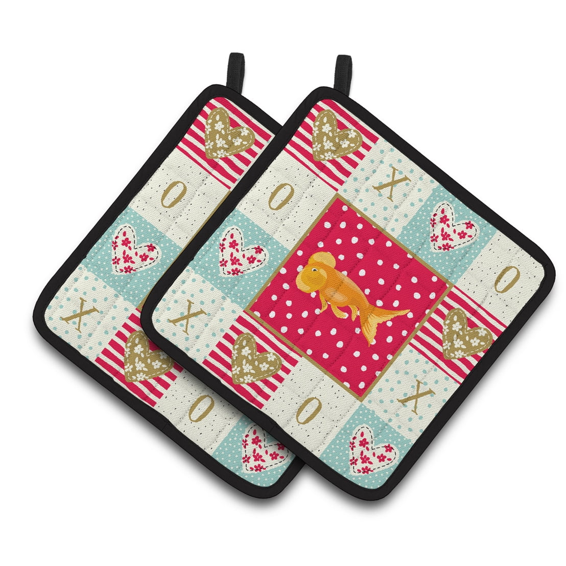 Bubble Eyed Goldfish Love Pair of Pot Holders