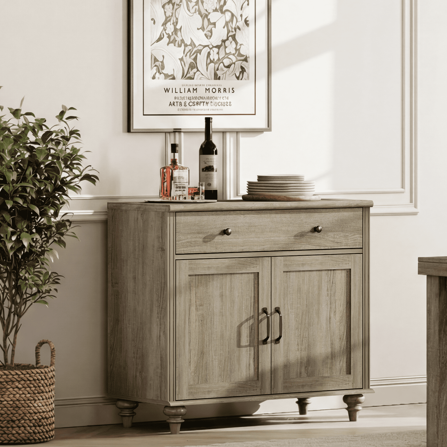Buffet Cabinet with 2 Doors and One Drawers, Coffee Bar Table Wood Kitchen Storage Cabinets with Storage Cabinets, Modern Farmhouse Sideboard Credenza for Dining Room, Wash Grey, 34 inch