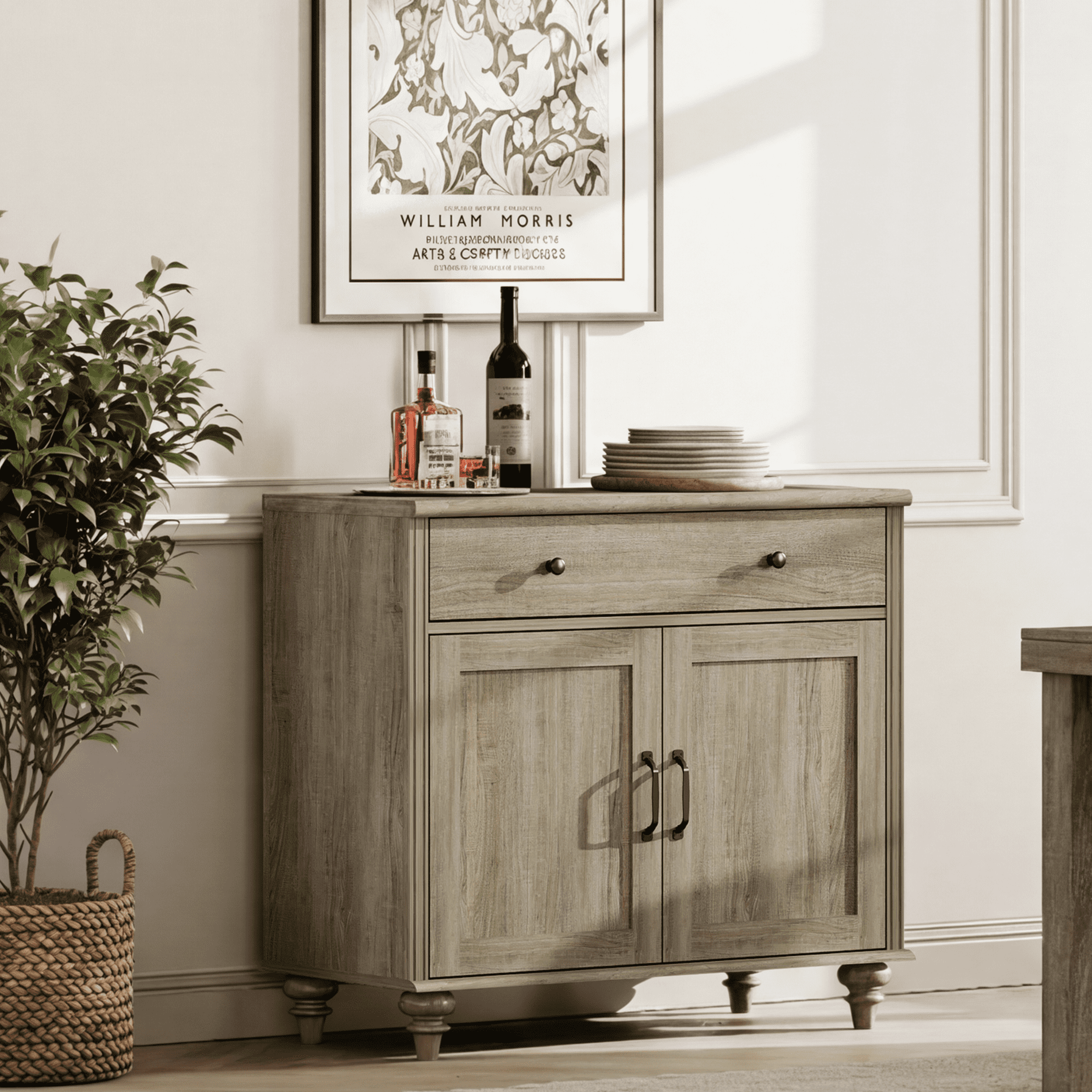 Buffet Cabinet with 2 Doors and One Drawers, Coffee Bar Table Wood Kitchen Storage Cabinets with Storage Cabinets, Modern Farmhouse Sideboard Credenza for Dining Room, Wash Grey, 34 inch