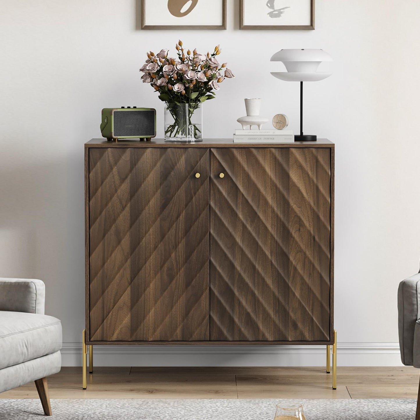 Buffet Cabinet, Mid Century Sideboard&nbsp;Storage with Anti-Rollover Device, Metal Legs, Walnut MDF, 31.5 Inch W