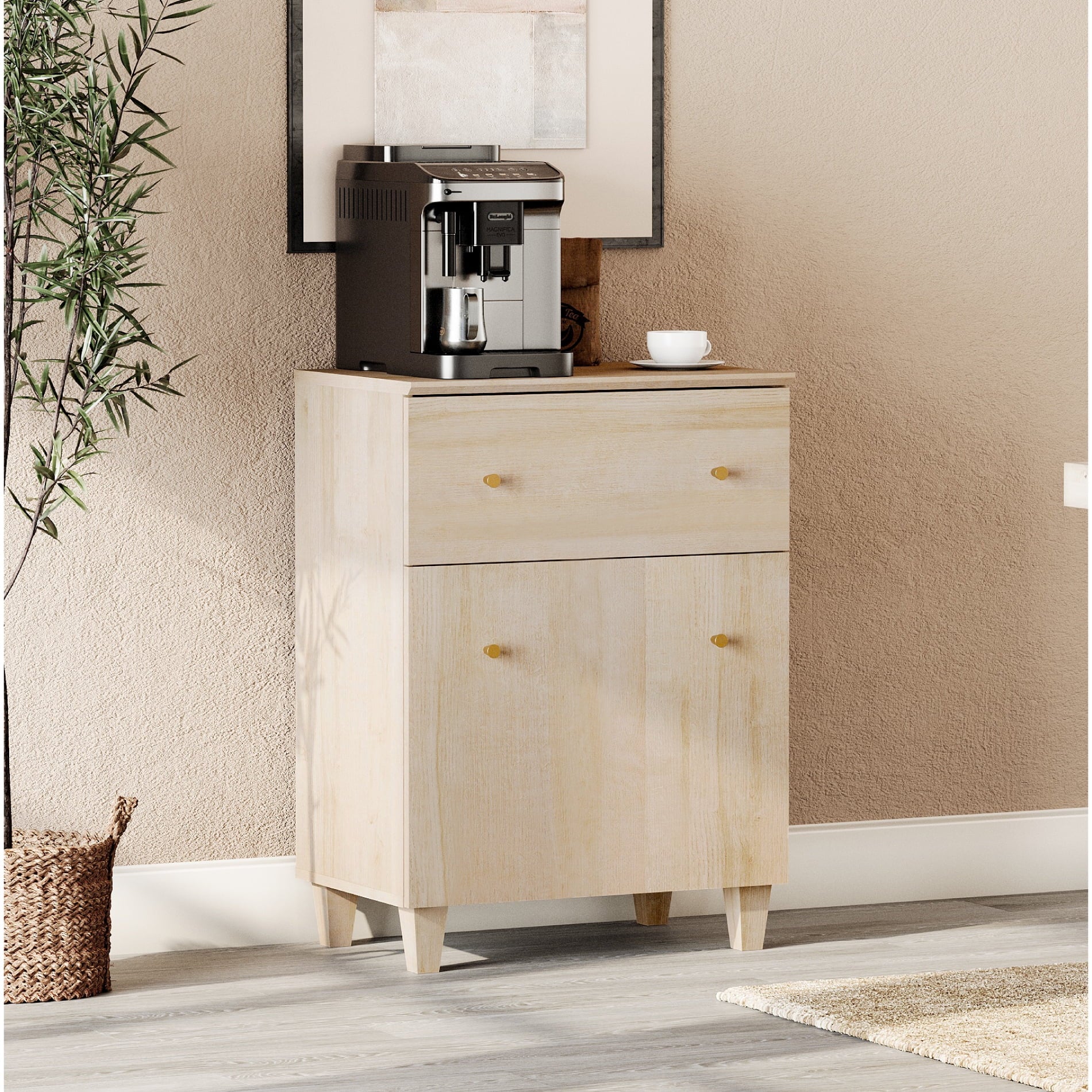 Buffet Storage Cabinet with 1 Drawer and 1 Adjustable Shelf, Light Oak Wood Finish