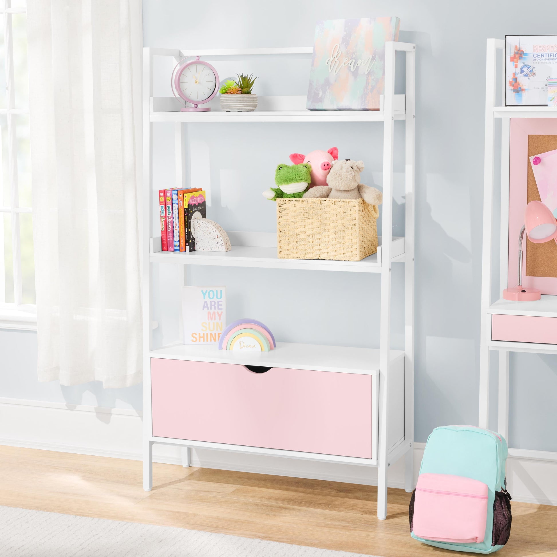 BYO Kids Ladder Bookcase with Drawer, Pink/White