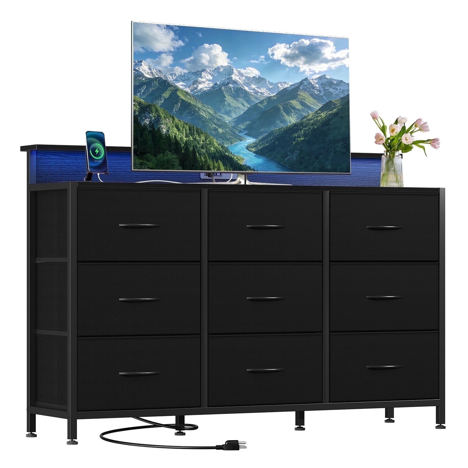edx 9-Drawer Fabric Dresser TV Stand, Multifunctional Storage Cabinet with Power Outlets & LED Light, Black
