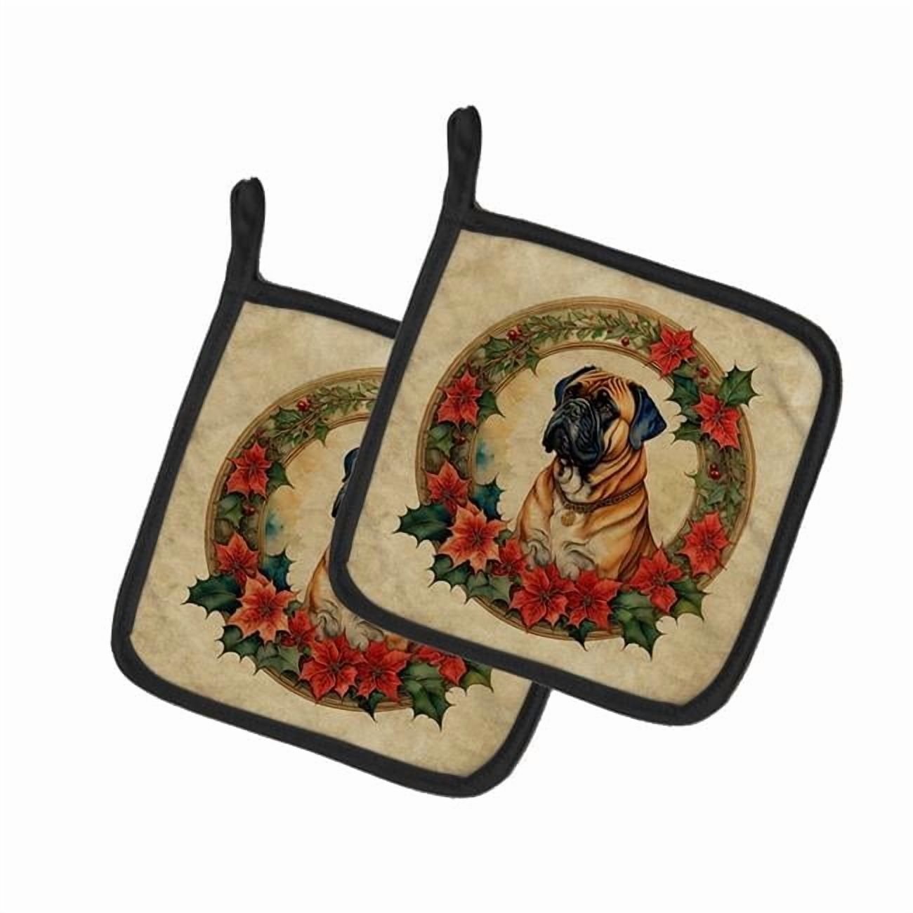 Bullmastiff Christmas Flowers Pair of Pot Holders 7.5 in x 7.5 in