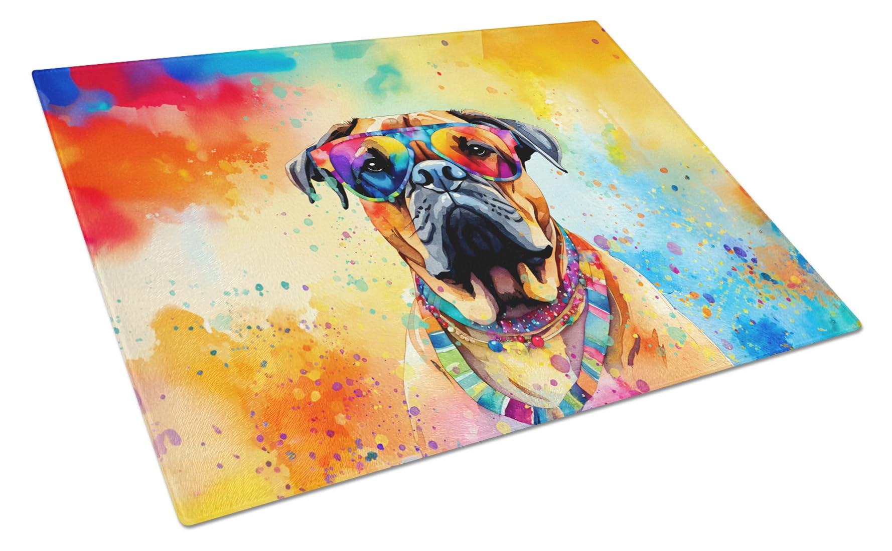 Bullmastiff Hippie Dawg Glass Cutting Board Large 12 in x 15 in