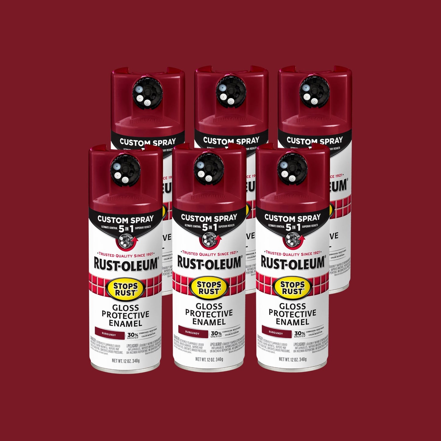 6 Pack, Burgundy, Rust-Oleum Stops Rust Custom Spray 5 in 1 Gloss Spray Paint-376901, 12 oz