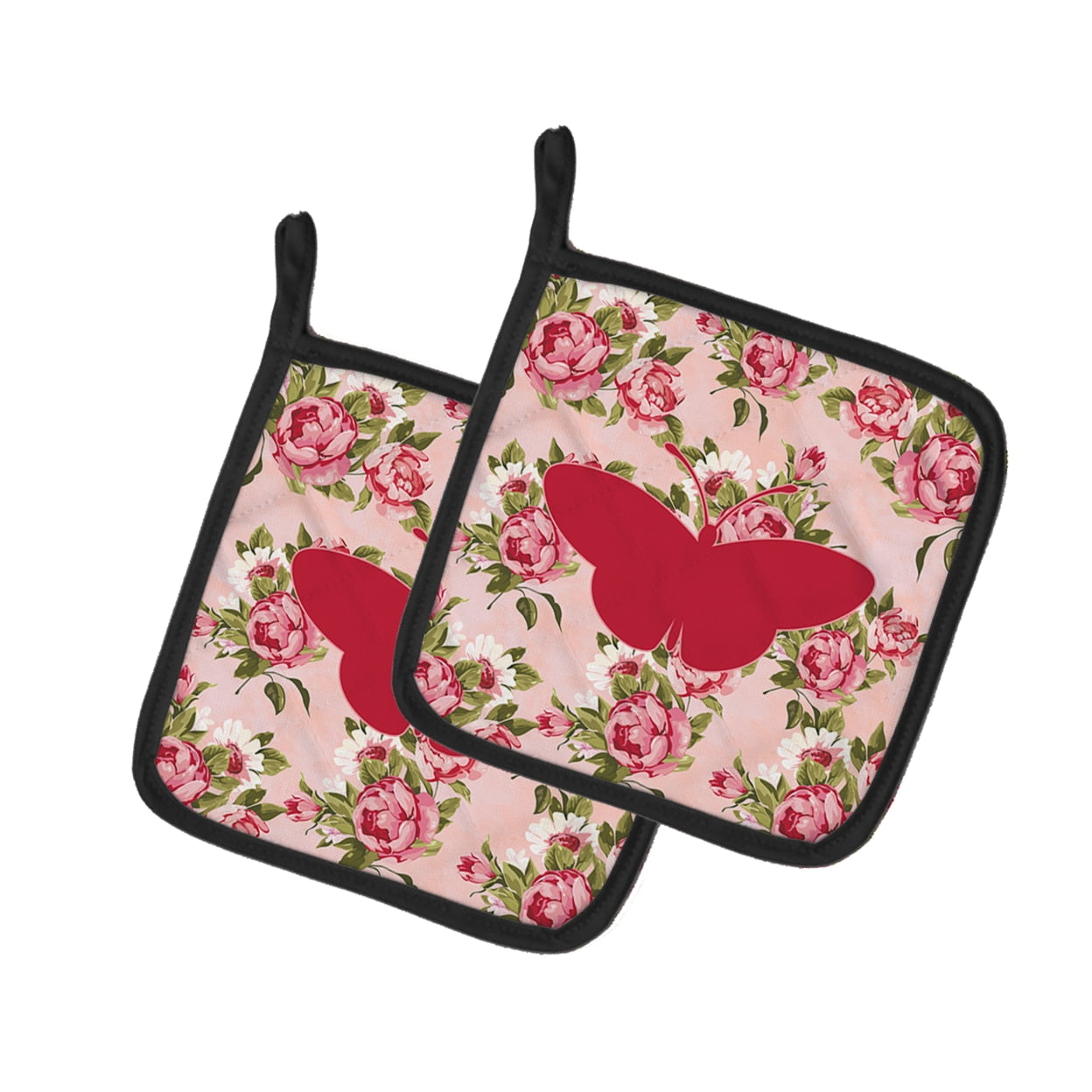 Butterfly Shabby Chic Pink Roses Pair of Pot Holders