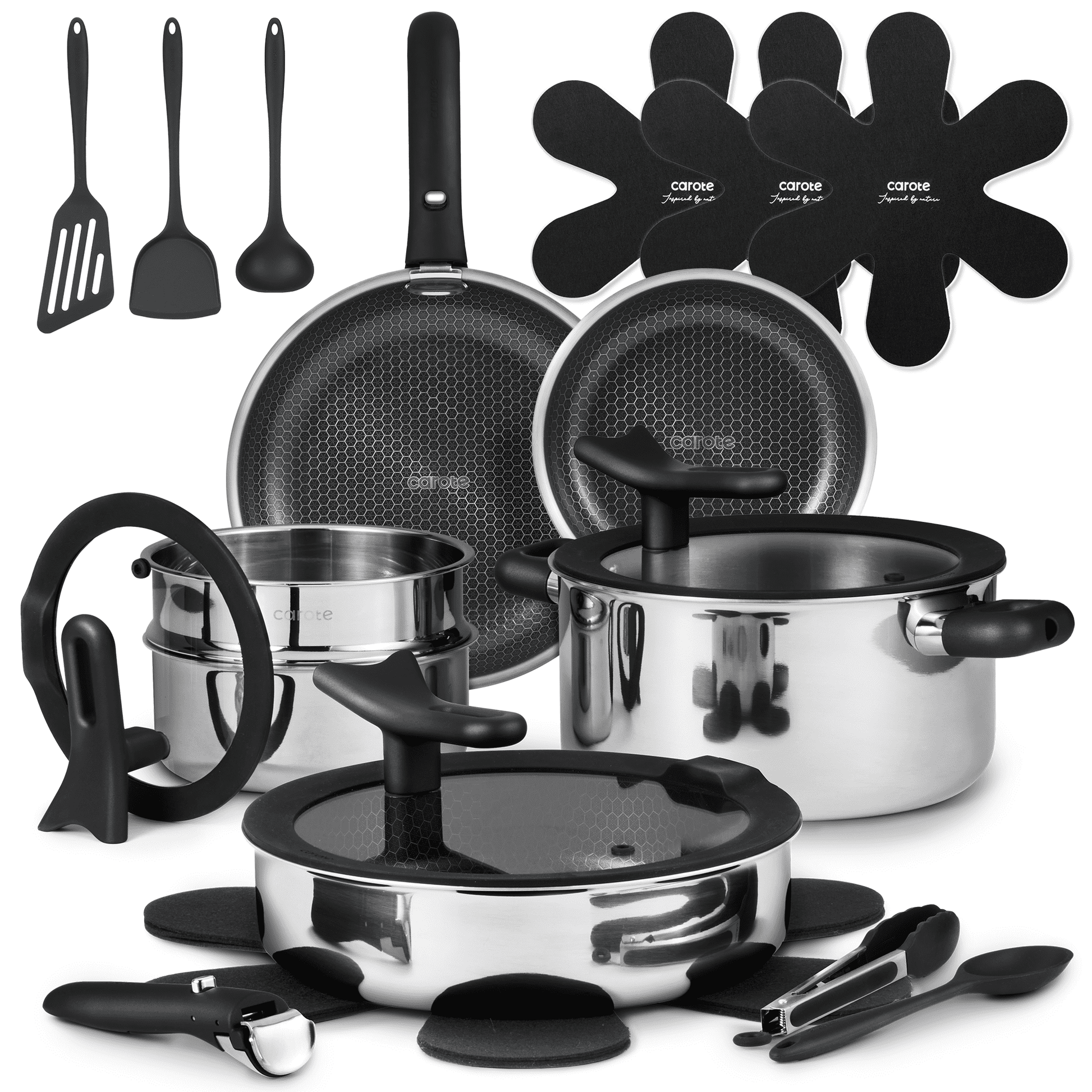 Carote 21-Piece Stainless Steel Cookware Set with Detachable Handle, Ceramic Hybrid Non-Stick, Easy Stacking, Stand-up Lid, Oven/Dishwasher Safe, Black