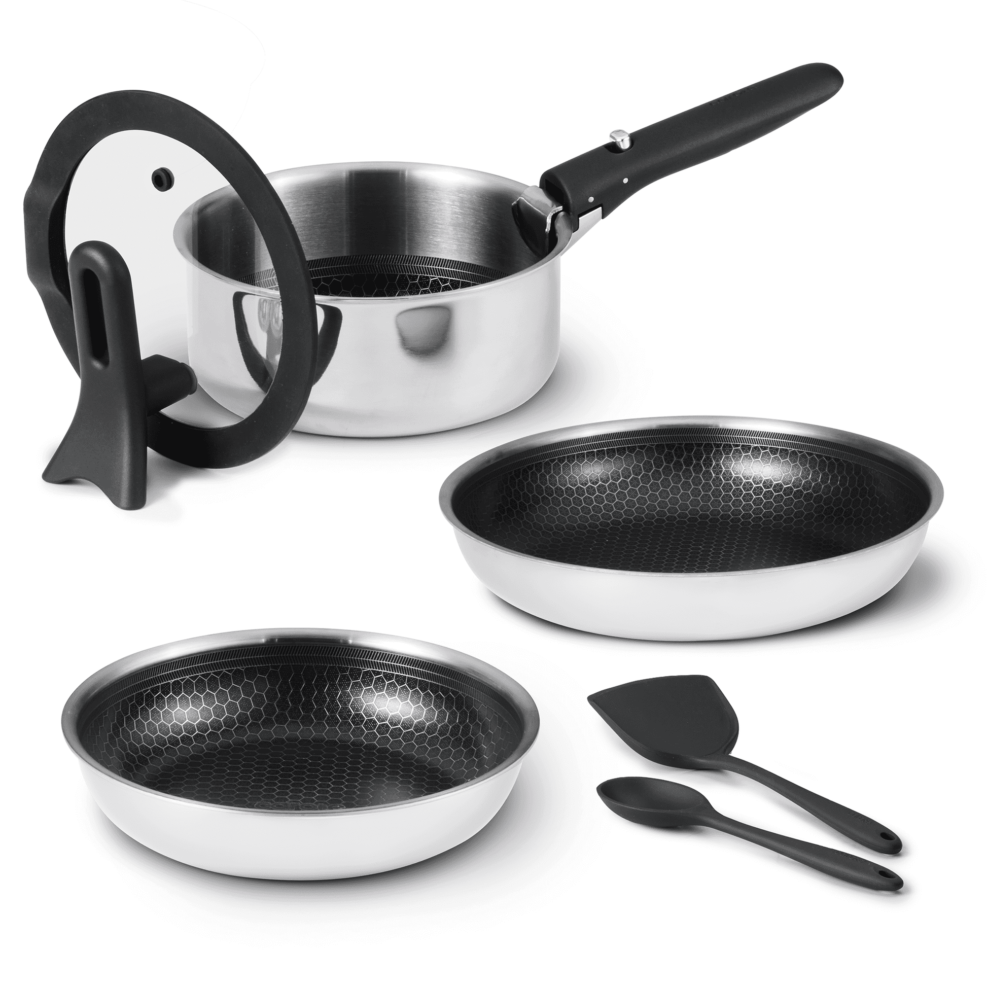 Carote 7-Piece Ceramic Hybrid Nonstick Detachable Cookware Set with Stand-up Lid, Stainless Steel, Oven/Dishwasher Safe, Easy for Storage, Black